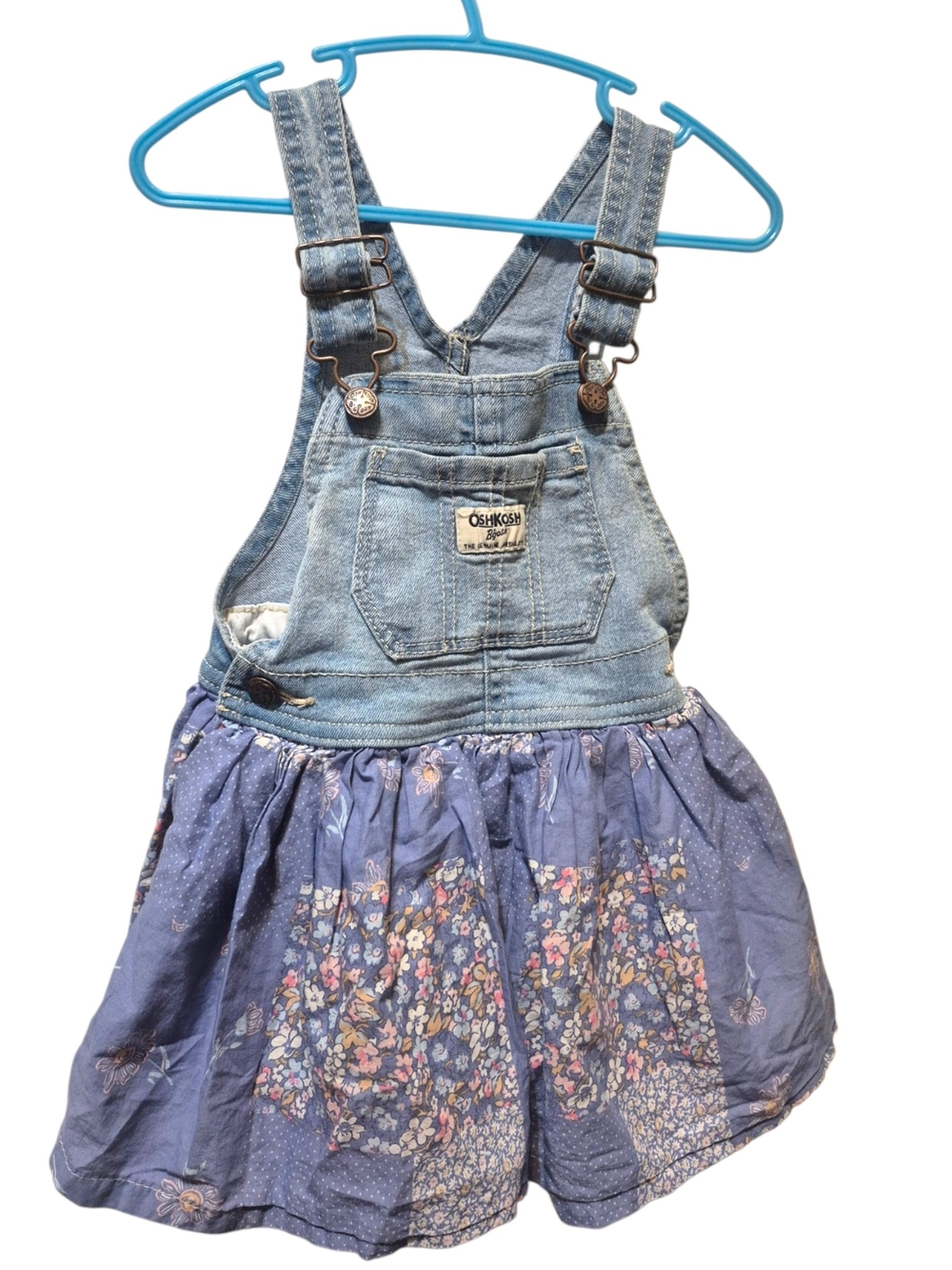 OshKosh B'gosh Light Blue Denim Bib Overall Dress with Purple Floral Skirt